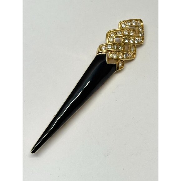 Vintage black enamel rhinestone torch brooch pin